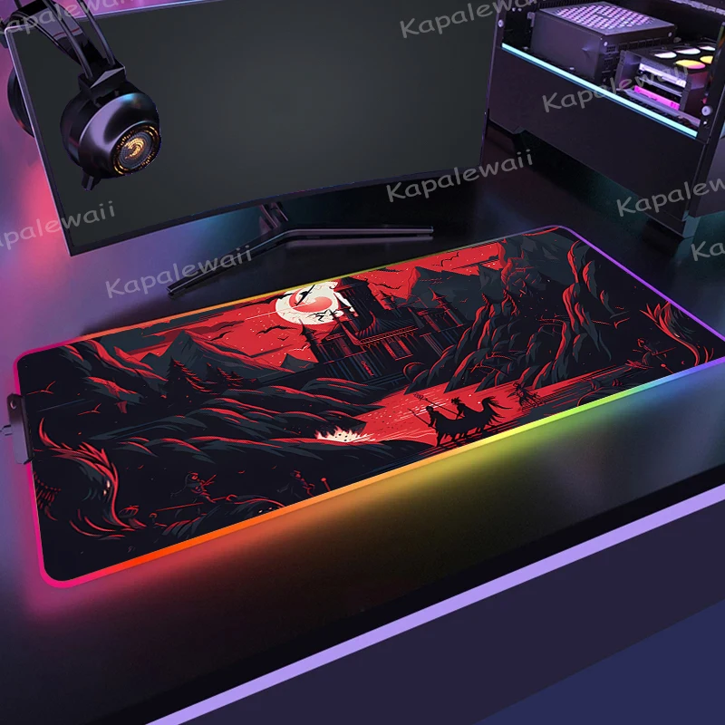 

RGB Gaming Mousepad Samurai HD Print Accessories With Backlit Game Rubber Mouse Pad Gamer Japan Computer Mouse Mat LED Desk Mat