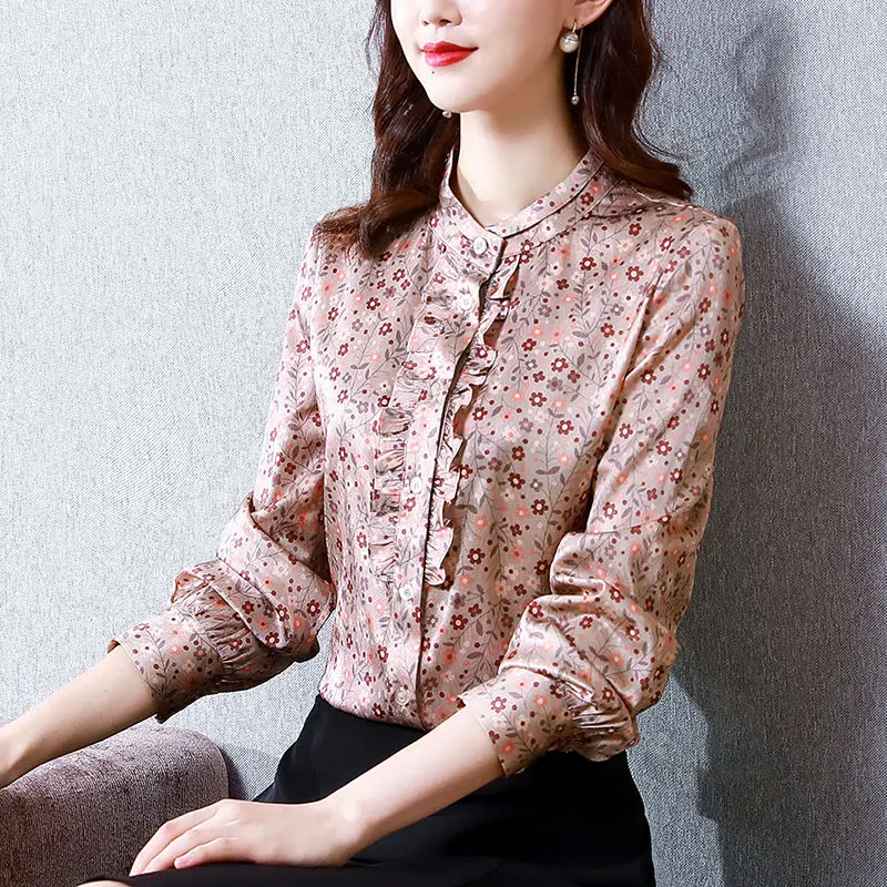 Women High Quality Satin Elegant Ruffled Shirts Korean Fashion Stand Collar Floral Printed Blouses Casual Long Sleeve Loose Tops