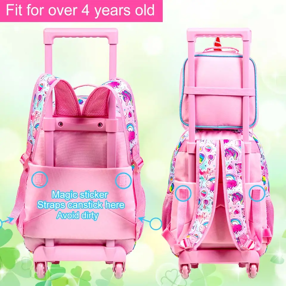 HTgroce Unicorno Zaini a Rotolamento per Ragazze Zainetti Trolley Zainetti per bambini Studente Primario Bagaglio da Viaggio, Zaino da Scuola con Lunch Box