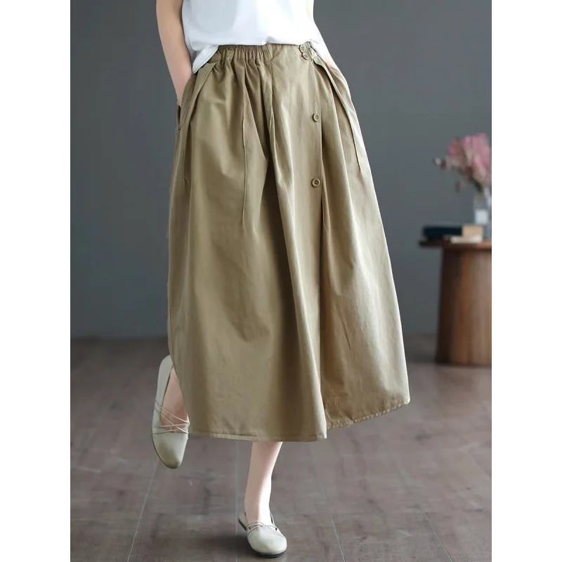 

Treutoyeu Spring Summer Retro Loose Casual Button Cotton Khaki Skirts for Women High Waist Midi Length Black Polyester Skirt