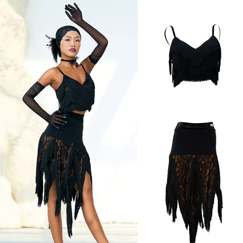 

Fashion Black Sling Tassels Top Latin Irregular Skirts Adults Latin Fringed Suit Women Latin Dance Costume Stage Clothes SL8219