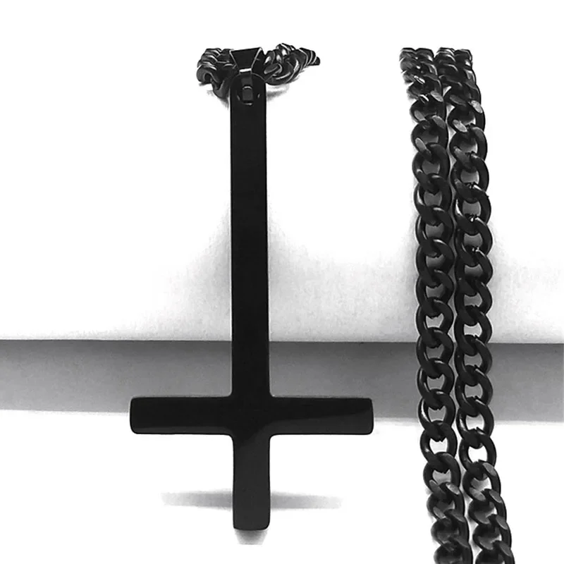 Edelstahl Gothic Umgedrehtes Kreuz Halskette Mann Schwarz Punk Invertiertes Kreuz Männer Ketten Goth Schmuck Halskette Hombre N8006 – Detail 7