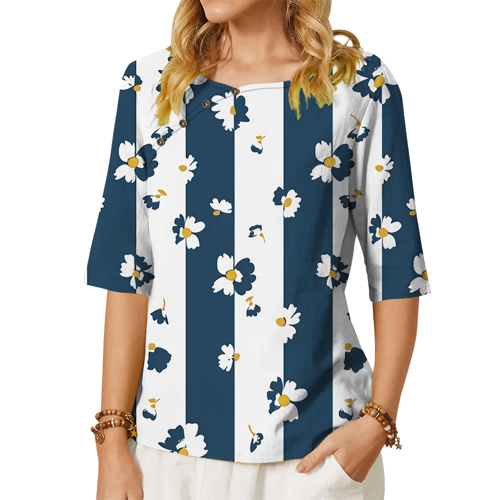

CLOOCL Women T-shirt Vertical Stripes Pattern 3D Printed Tees Button Decorate Middle Sleeve Tees Summer Fashion Female Tops