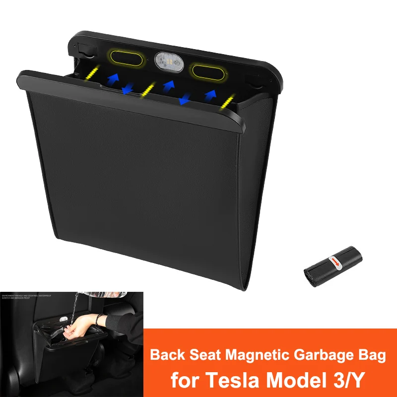 For new tesla model 3 Y garbage bag leak-proof magnetic dustbin back seat hanging trash can with LED light car accessories car trash can