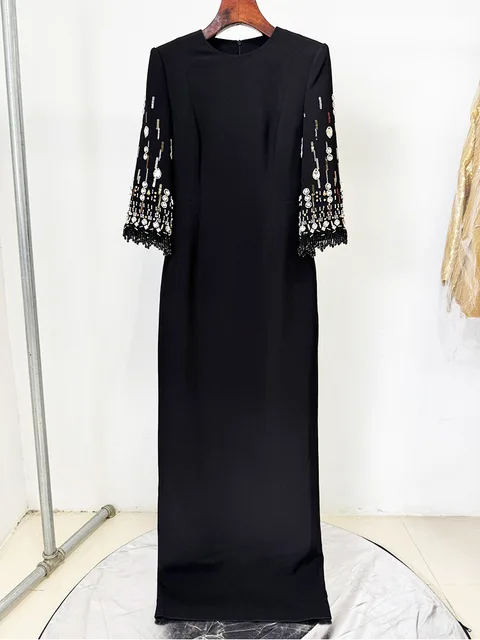 HIGH STREET Newest Fashion 2026 S/S Designer Vestido Women's Half Sleeve Stunning Beaded Long Maxi Dress 5