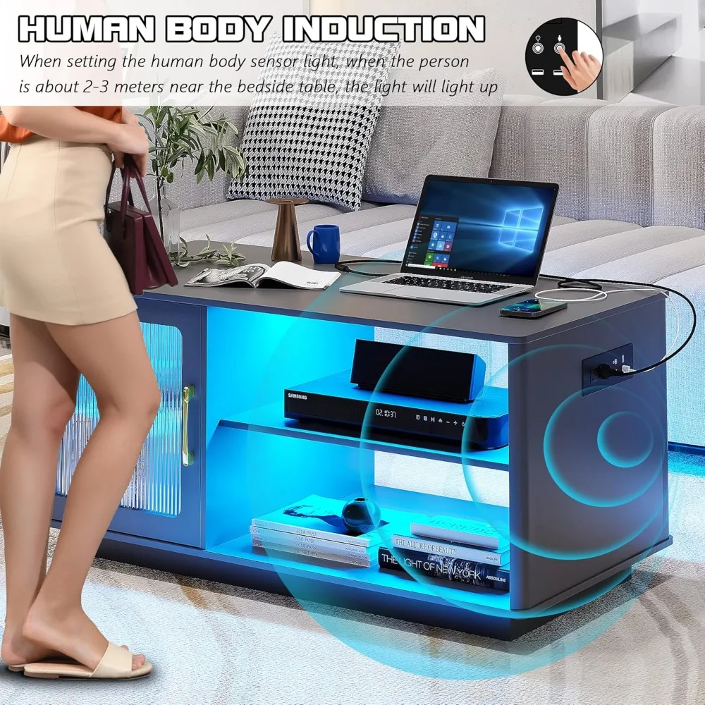 Coffee Table with Charging Station, 3 Color Dimmabl Dining Table with Large Storage Cabinet for Living Room,Cocktail Table with 4