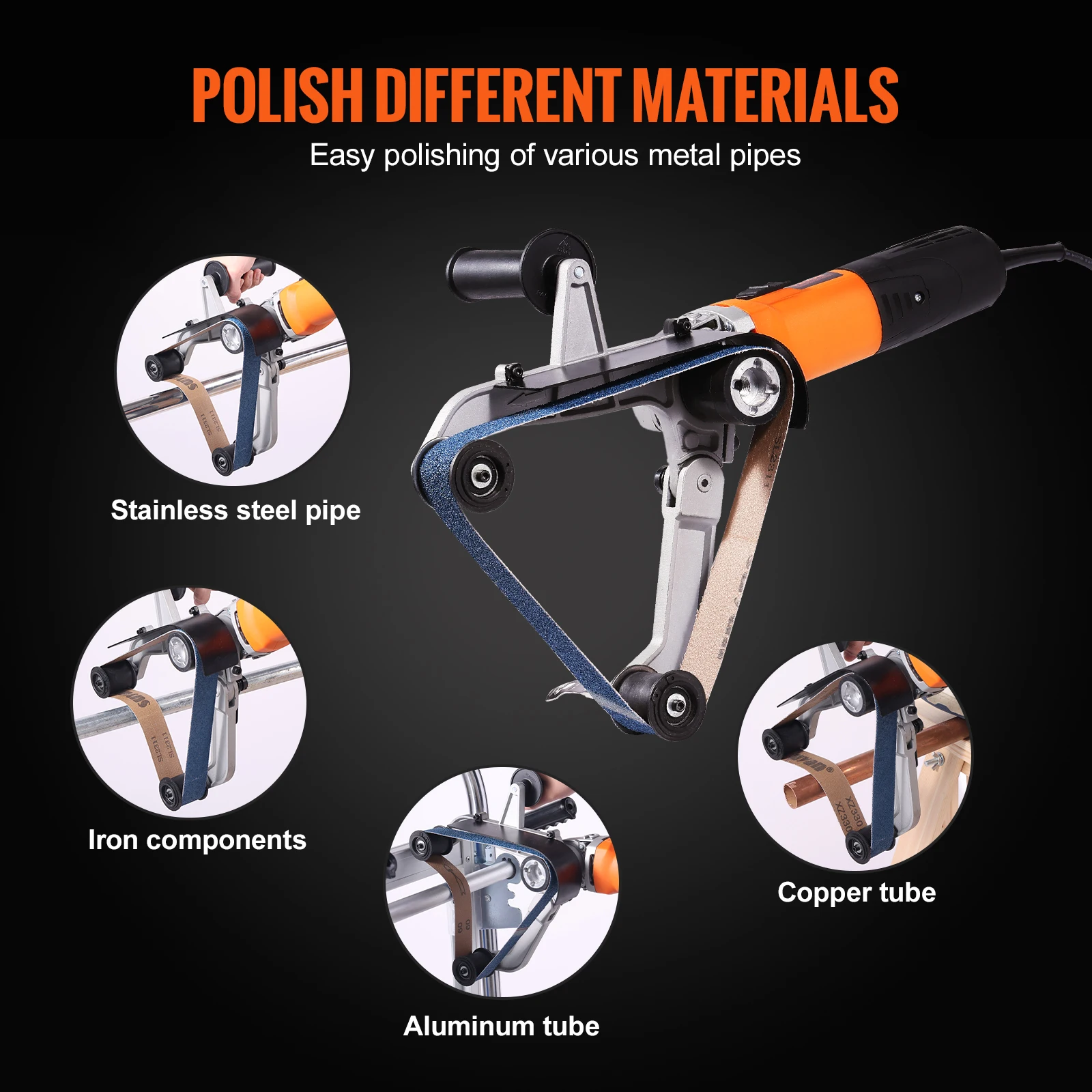 VEVOR Pipe Tube Polisher Sander 1000W Pipe Belt Sander 100-3200rpm Belt Sanding Machine for Burnishing Finishing Rust Removal 6