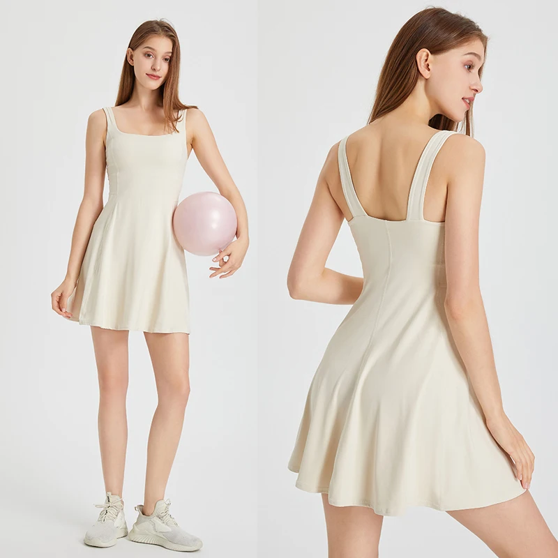 Women dress Women Summer Tennis Dress Fashion Square Neck Pocket Sports Running Dress Breathable Workout Frock Chest Pads