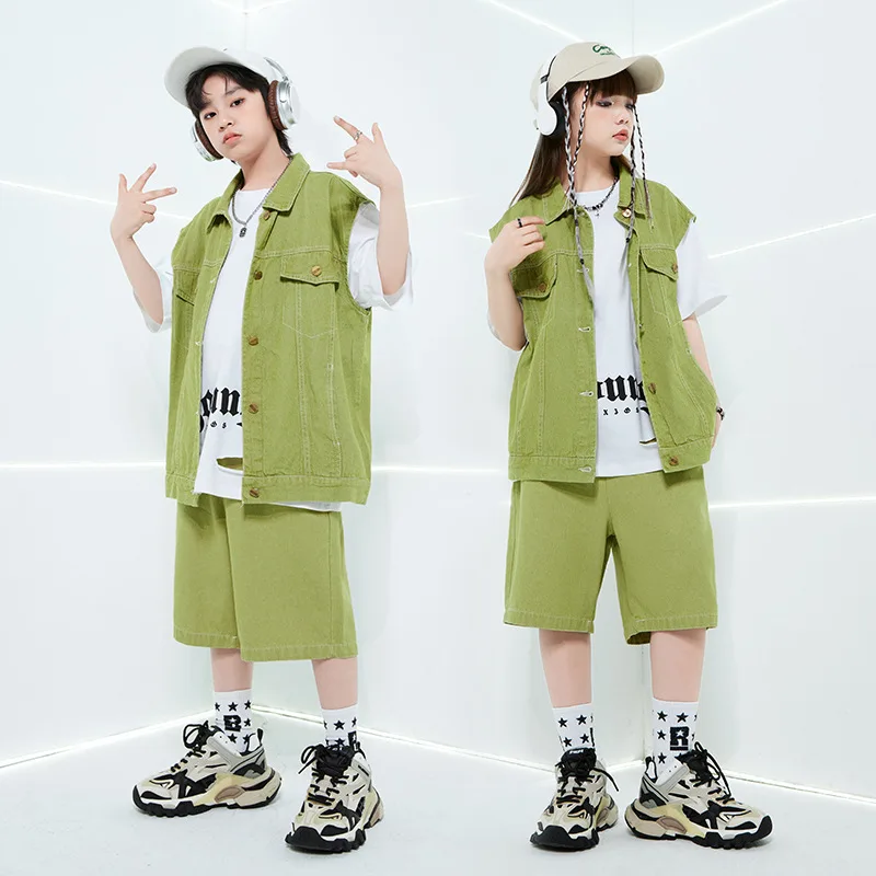 

Children Streetwear Kids Hip Hop Green Pink Denim Vest Shorts Outfit Boys Street Dance Loose Clothes Sets Girls Jazz Costumes