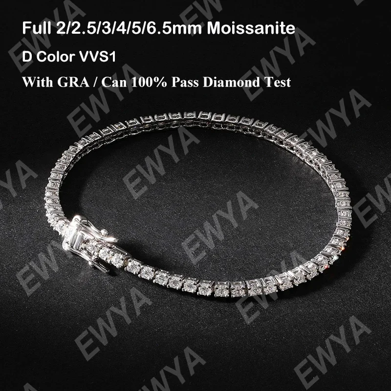EWYA 새로운 리얼 D 컬러 전체 2mm 0.03CT Moissanite 테니스 팔찌 여성용 S 도금 18K 다이아몬드 링크 팔찌 선물