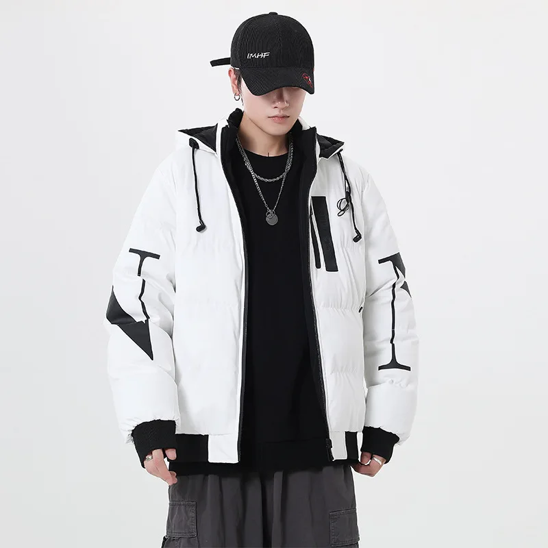Mens Fashion Letter Print Double Sided Wearable Jacket 2022 Winter Thickened Warm Removable Hooded Padded Jackets Korean Clothes