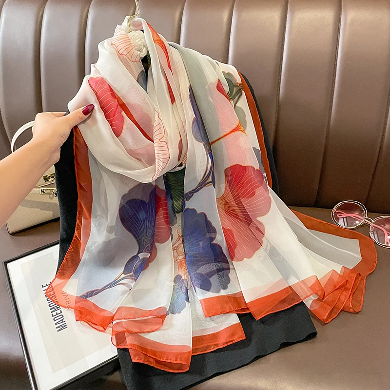 

Spring Summer Women Fashion Travel Sun Resistance Ginkgo Leaf Printed Shawl Ladies Thin Long Silk Foulard Gauzy Chiffon Scarf