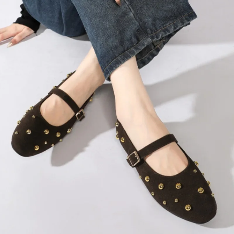 2025 Summer Brand Mary Jane Shoes for Women Fashion Rivet Suede Classic Retro Brown Casual Soft Bottom Comfortable Ladies Flats 5