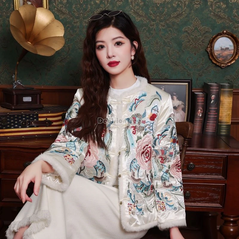 Embroidery Chinese style button coat autumn winter thicken plush cotton clothing vintage coat