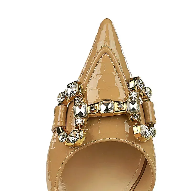 2024 Women 8cm Thin High Heels Side Hollow Leather Pumps Female Fashion Metal Diamond Buckle Red Khaki Prom Shallow Party Shoes 5