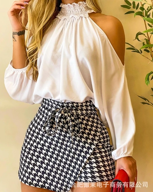 Sexy Elegant Off The Shoulder Long Sleeved Top Bird Pattern Pants Skirt Set Womens Two Piece Sets Outfit New Fashion 2024 Casual