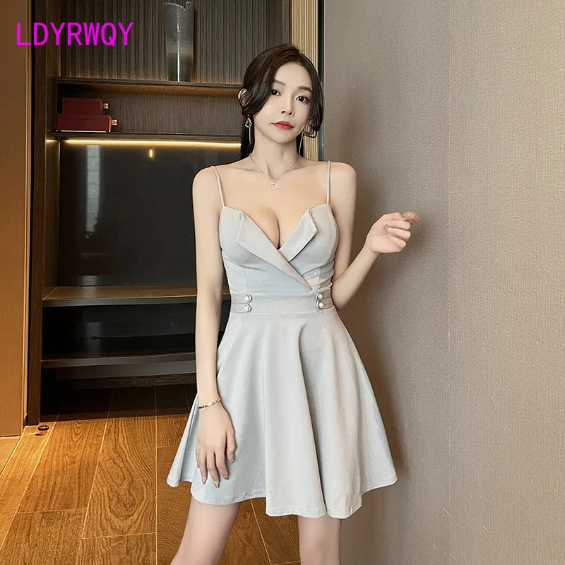 

2023 New Fashion Low Chest Covering Belly A-line Dress Nightclub Sexy Strap Open Back Dress