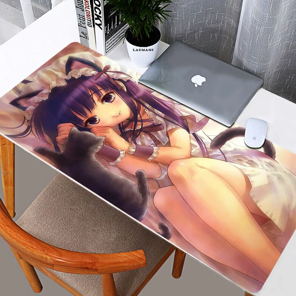 

Mouse Pad Gamer Custom HD Computer Desk Mats Keyboard Pad Beautiful Girl and Cat Anime Natural Rubber Carpet Table Mat