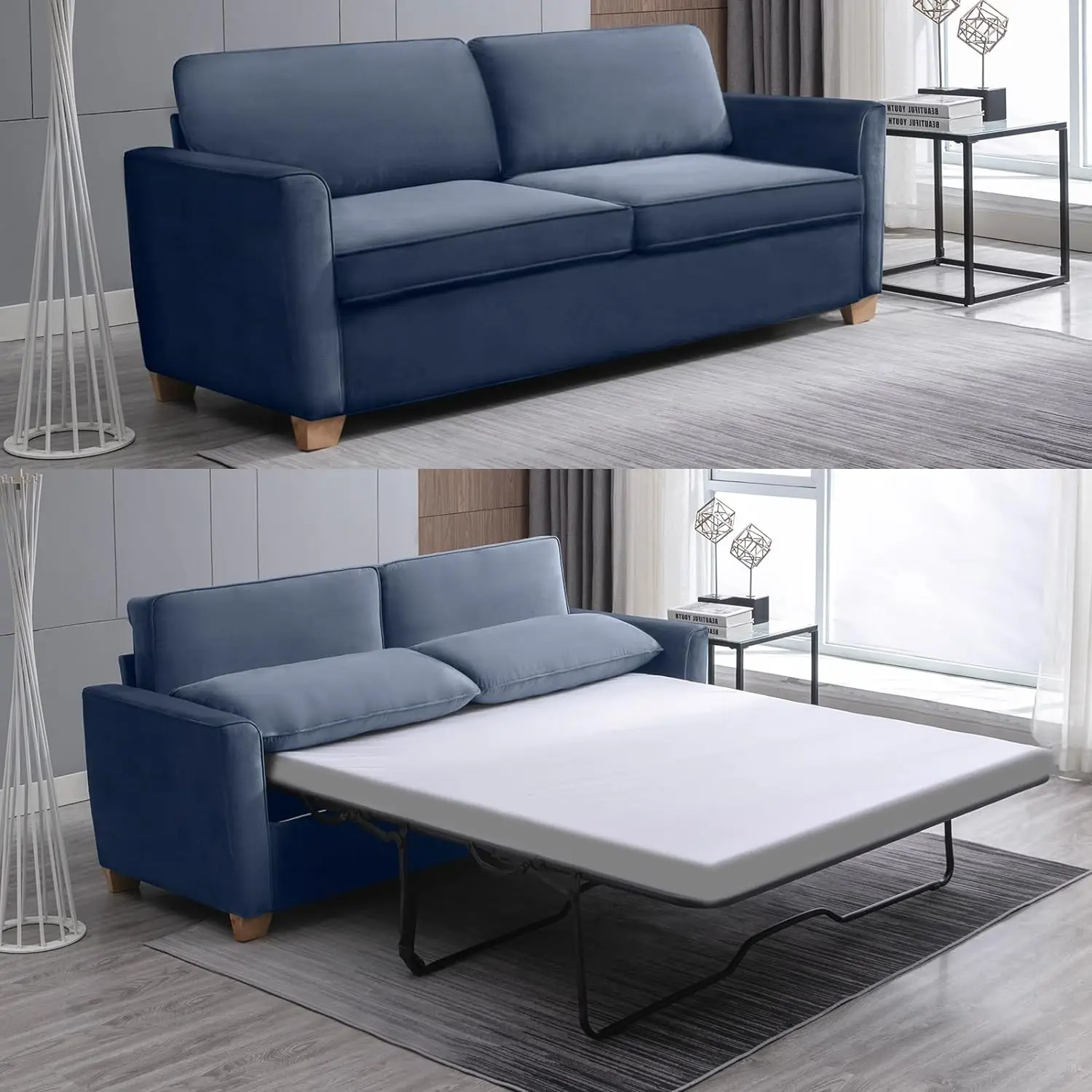 Full Size Velvet Sleeper Sofa Bed with Folding Foam Mattress-in-1 Pull Out Couch Bed Modern Loveseat Sleeper Bed for Living Room