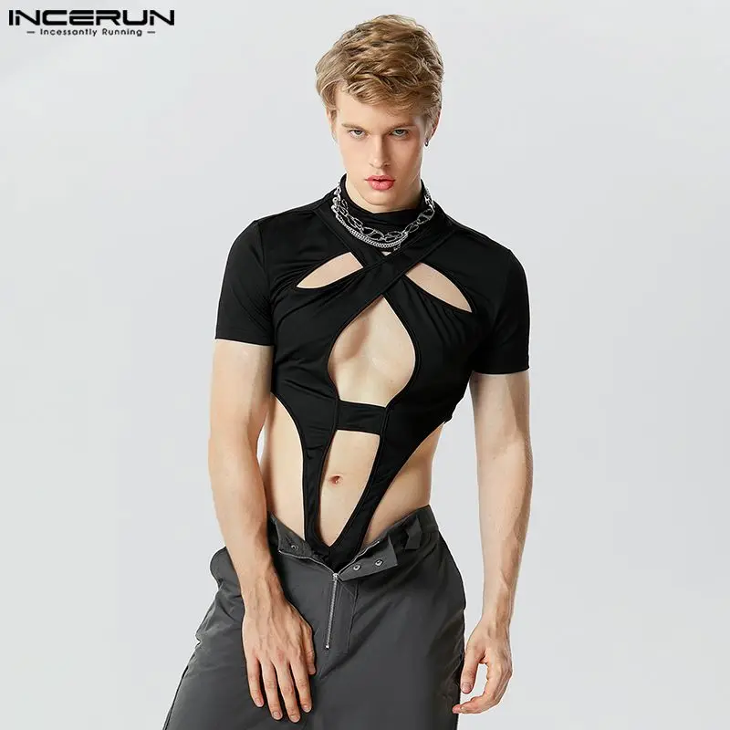 Men Bodysuits Men Jumpsuits Men Lingerie Fashion Men's Homewear Jumpsuits INCERUN Symmetric Hollow Design Short Sleeve Half High Neck Solid Triangle Bodysuits S-5XL