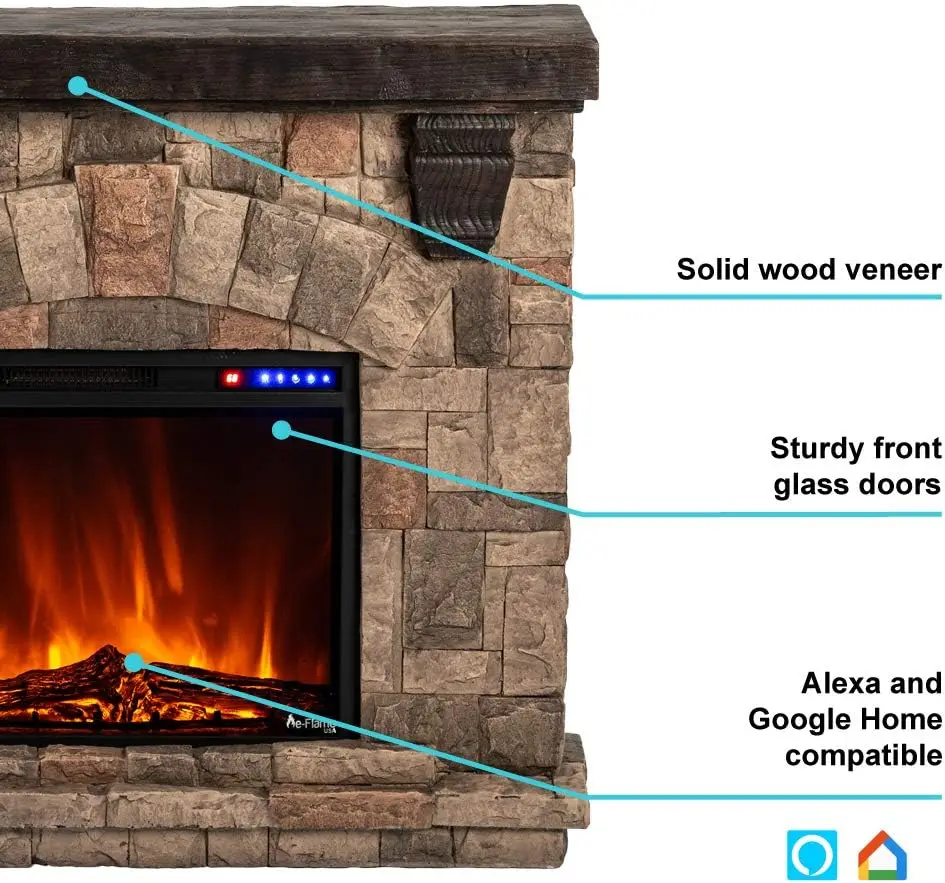 Kodiak LED Electric Fireplace Stove - Faux Wood and Stone Mantel - Remote - 3D Log and Fire 11.6"D X 36"W X 33"H 2