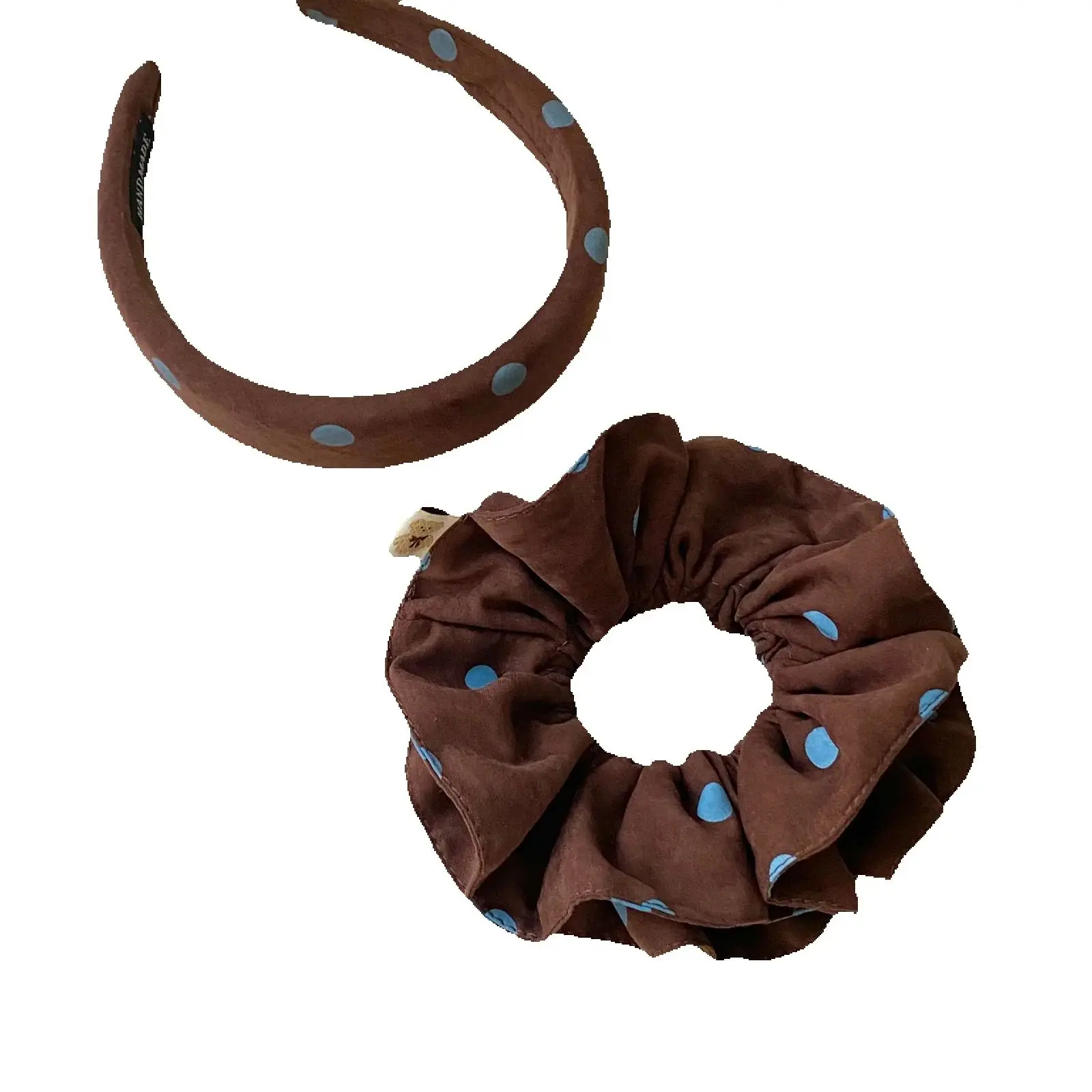 2PCS Polka Dot Headband Scrunchie Set, Brown Blue Retro Padded Headband & Ruffled Hair Scrunchy For Women Girls Vintage Hair