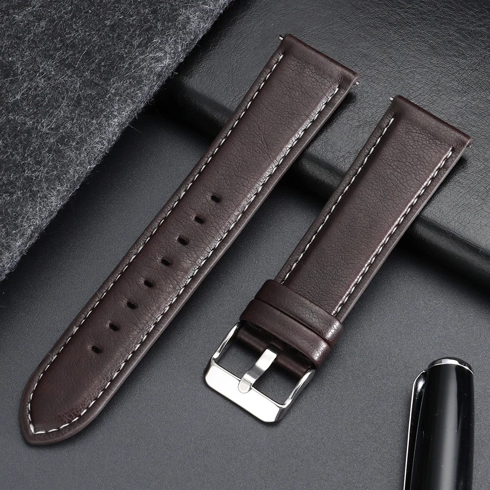 Calfskin Leather Watch Band with Silver Stainless Steel Buckle - Soft Business Wrist Strap