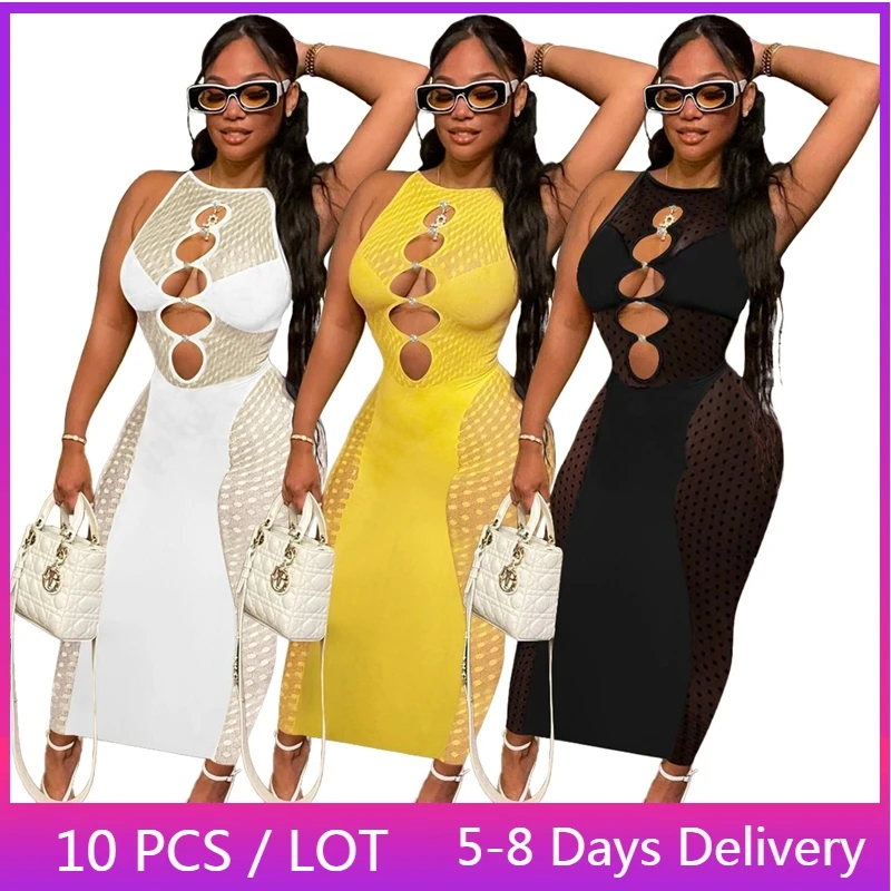 

Wholesale Items Hollow Out Sexy Maxi Dress Women Clubwear Mesh Patchwork Sleeveless Long Summer Dress See-through Bodycon Dress