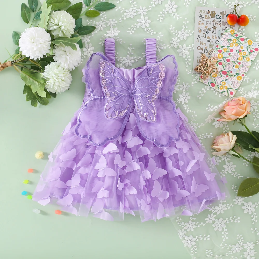 Baby-Mädchenkleid, Sommerkleid mit Schmetterlingsflügeln und Schmetterlingsmuster, Neckholder, bauschiges Babykleid, süßes, lässiges Strandkleid für Mädchen, Kinderkleid – Detail 5