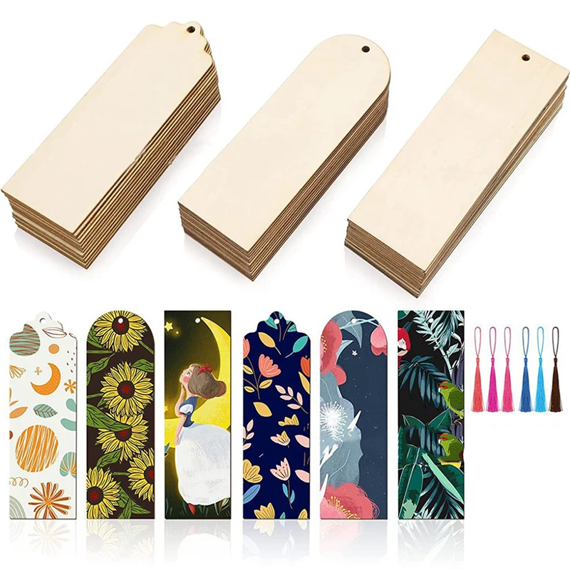 36Pcs 3 Styles Wood Bookmark Bulk Blank Bookmarks with 36 Pieces 6 Colors Tassels for Christmas