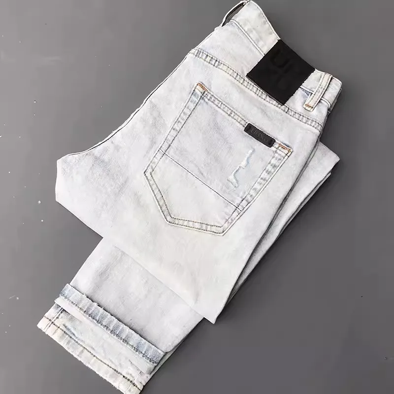 Street Fashion Men Jeans Retro Light Blue Stretch Slim Fit Hip Hop Ripped Jeans Men Patched Designer Vintage Denim Pants Hombre