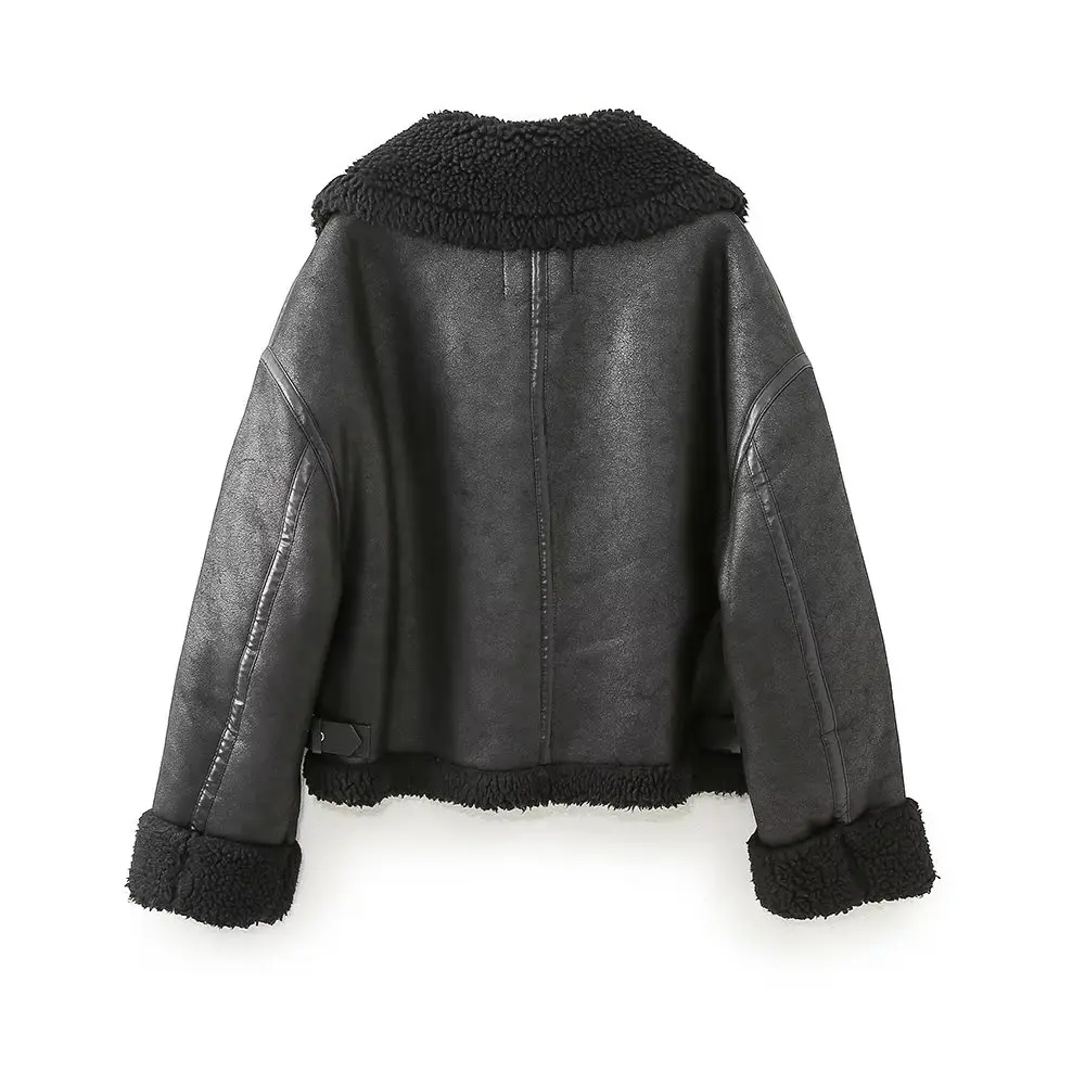 Dave&Di Fashion European And American High Street  Leather Plush Turtleneck  Jacket Warm Retro Jacket Women
