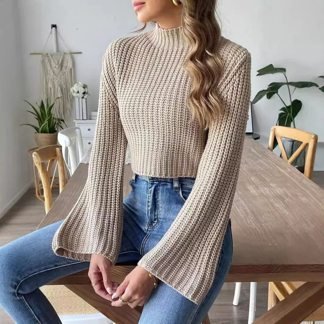 Women Knitted Sweaters Long Sleeve Cropped Slim Knitwear