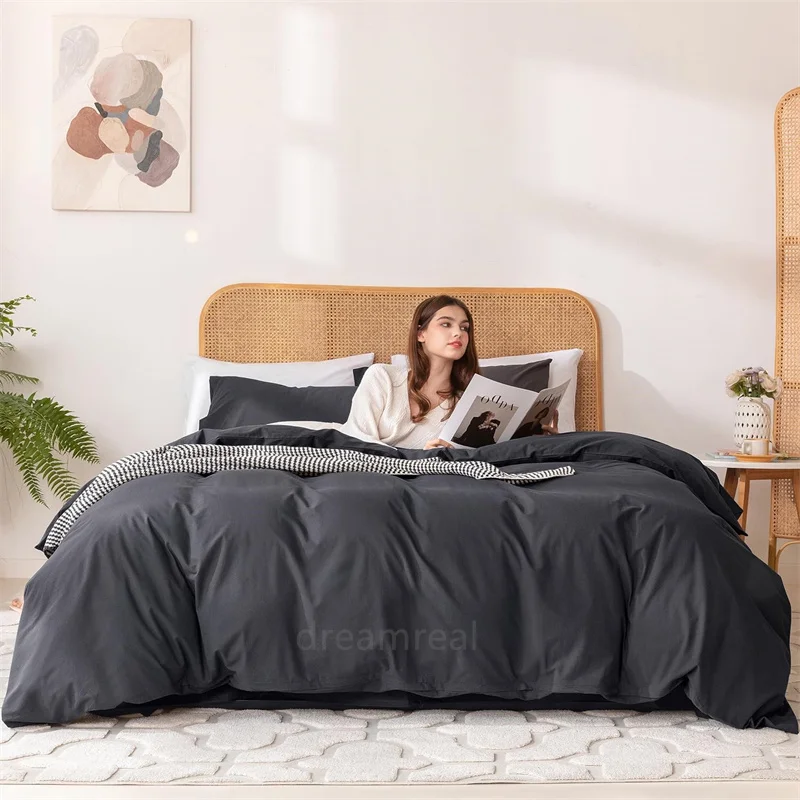 Washed Cotton Bed Linen Bedding Set 4 Pieces Bed Sheets Set Solid Color Comforter Cover Couple Queen King Size Bed Quilt Cover 3
