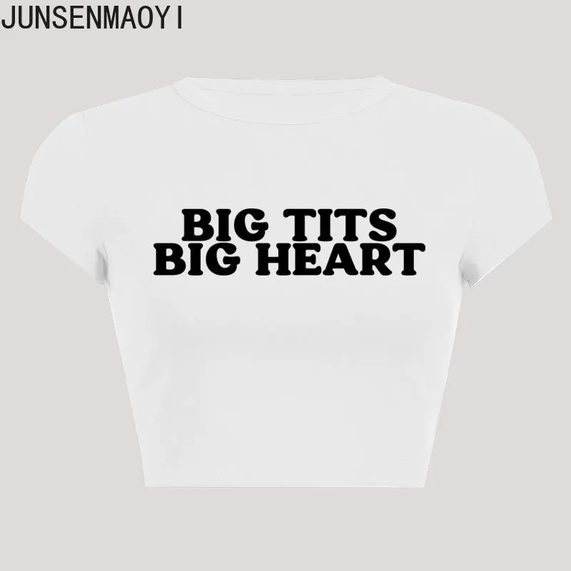 Big Tits Big Heart Print Pattern New Summer Short Sleeve O Neck Cropped Navel Women Crop Tops Fashion T-Shirt 4