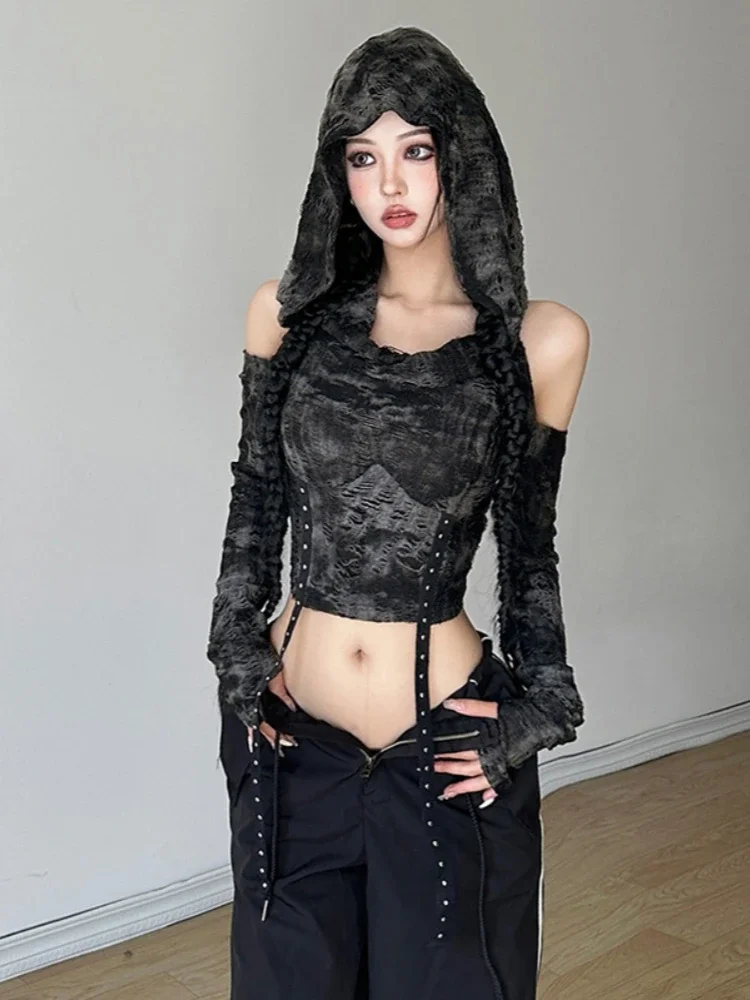 

Streetwear Fashions Y2k Top Solid Colour Sexy Drop Shoulder Long Sleeve Women Clothes Slim Fit Patchwork Hooded Shirts For Women