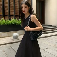 TKNOLEGE Summer New Round Neck SleevelessHigh Waist Temperament Female Fashion Style Dress Simple Elegant Black Long Dresses 4