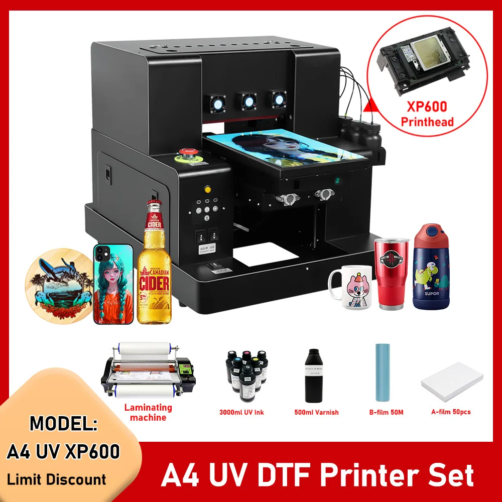 

UV XP600 A4 Printer Phone Case Flatbed UV Printer with Varnish UV DTF Printer Sticker Selfadhesive For Bottle Golf Acrylic Pens