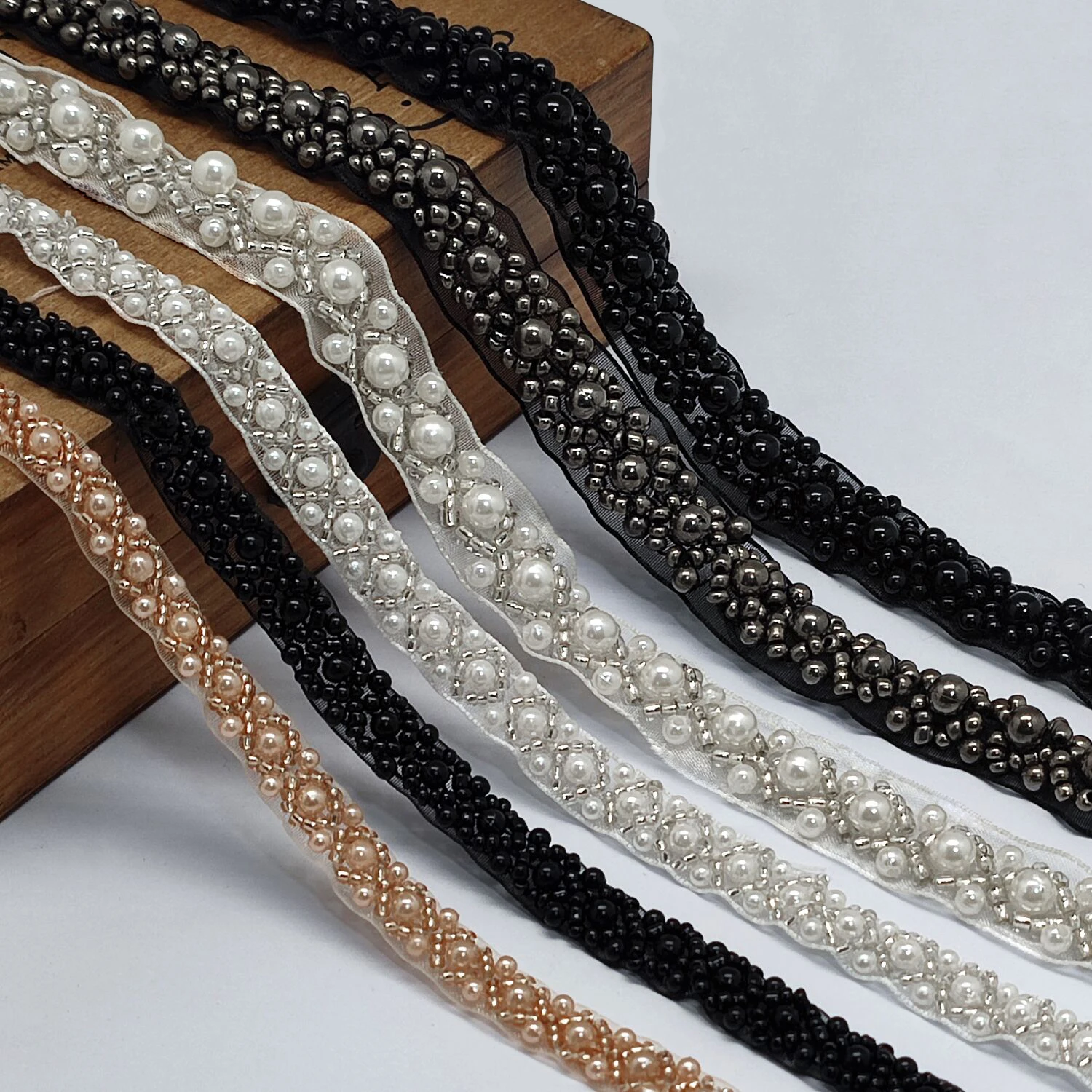 Pearl Beaded Trim Bridal Lace Ribbon Crystal Rhinestone Applique Trim straps for Craft Sewing Wedding Dress DIY Fabric 1 Yards
