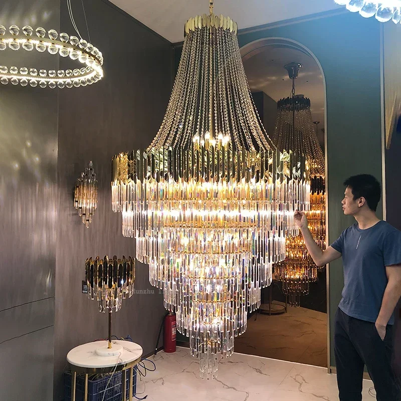 

Duplex Building Crystal Chandelier Living Room Building Middle Floor Villa Hall Lamp Stainless Steel Project Hotel Large Lamps