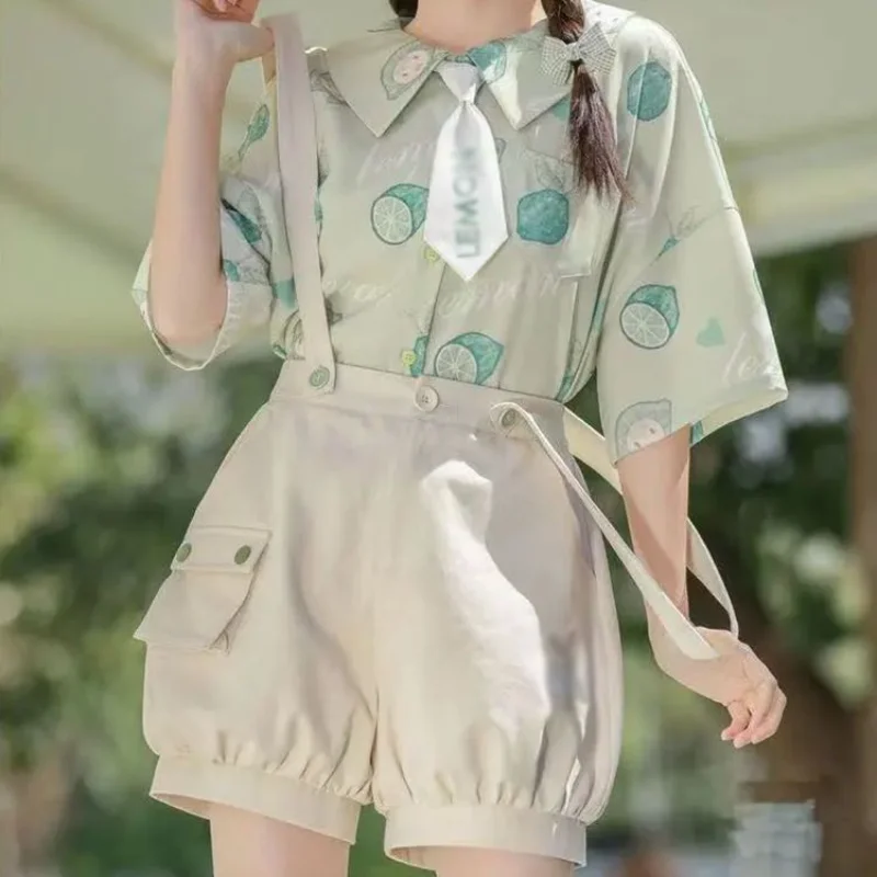 

Romper suit soft waxy shorts Women Summer Loose Sensens little Fresh Avocado shirt + Suspenders preppy twopiece suit girly style