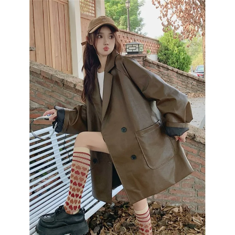 

UNXX American Retro PU Leather Jacket Blazer Women 2023 Autumn Winter Casual Loose Fashion Mid Long Blazer Collar Jacket Top