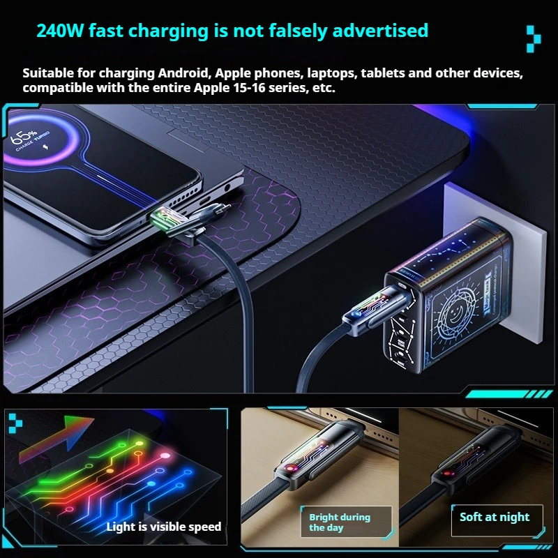 Eary 4 in 1 Fast Charging Cable 240W Multi Charger Cord with Type C/USB A/L Port for iPhone iPad Pixel Samsung Switch PS5 Tablet