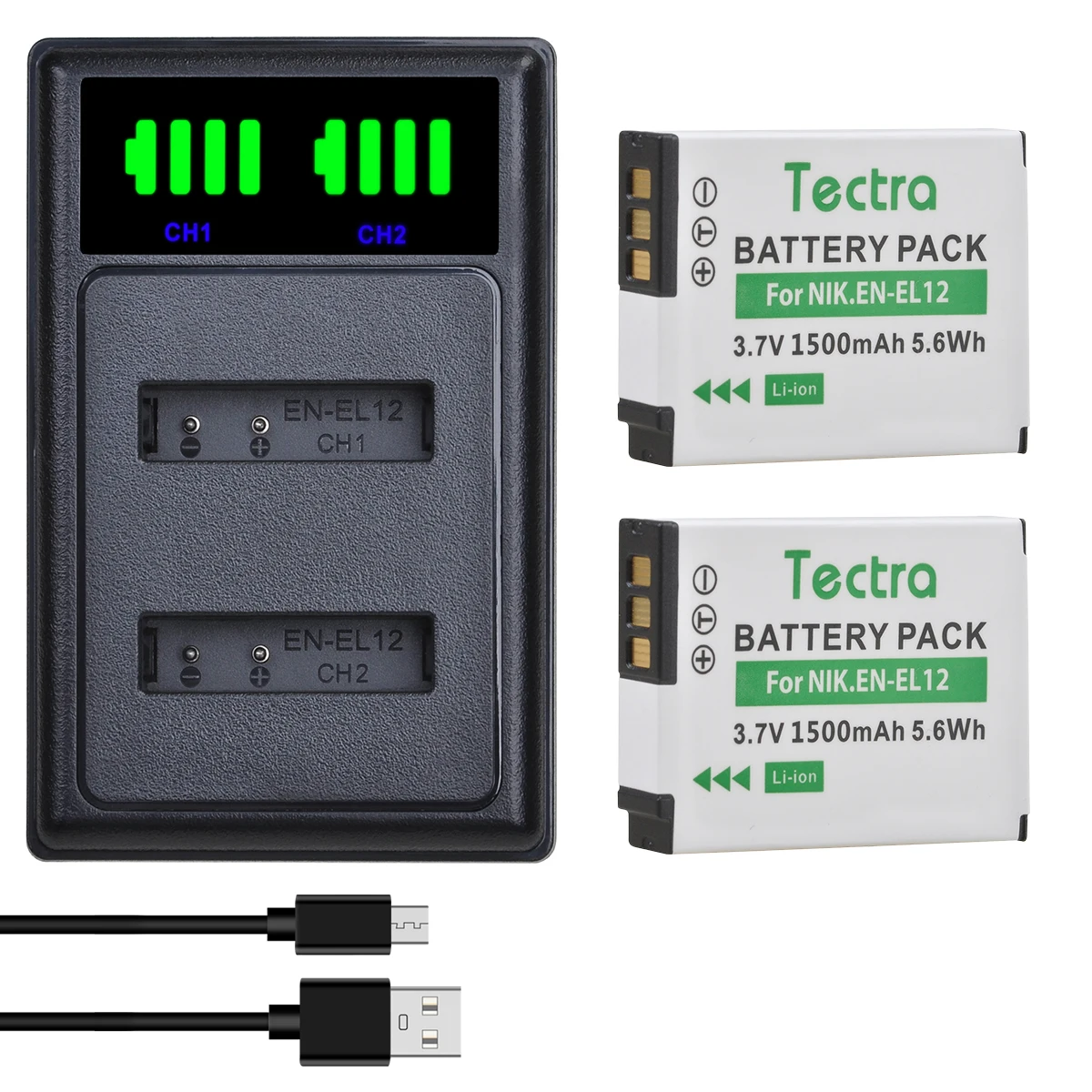 Batteria Per Fotocamera En-El12 Da 1500Mah + Caricatore Doppio Led Per Nikon Coolpix A1000 B600 A900 Aw110 Aw120 S6300 S8100 S9200