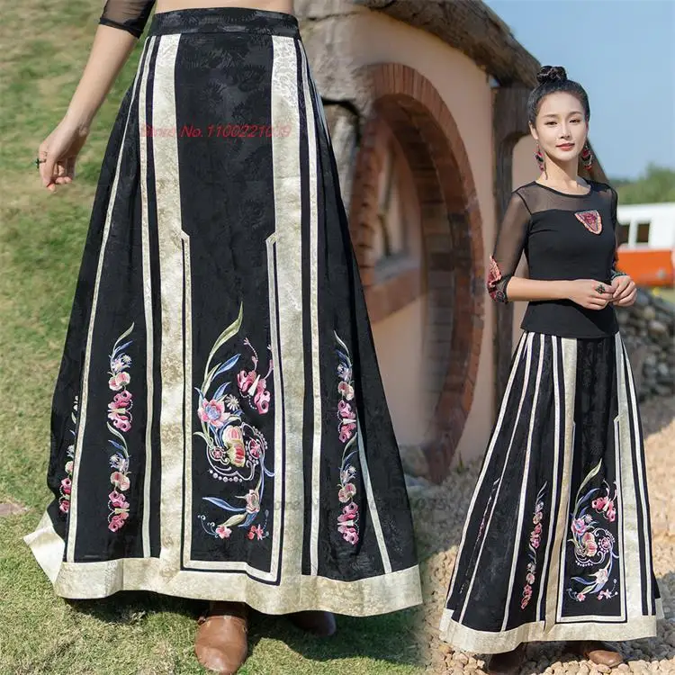 2024-traditional-chinese-vintage-skirt-women-national-flower-embroidered-satin-skirt-oriental-satin-jacquard-folk-a-line-skirt
