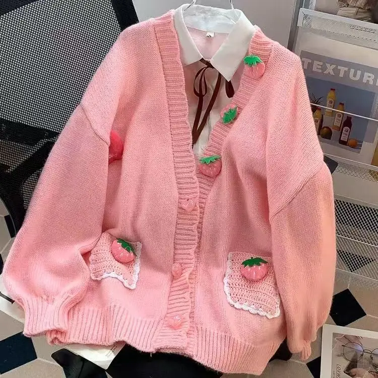 3D Pink Strawberry Cute Sweet V Neck Long Sleeve Knitted Cardigan Sweater Women Korean Casual Jacket Female Coats Autumn Winter 1
