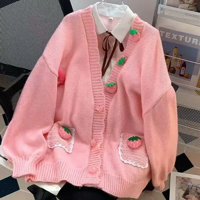 3D Pink Strawberry Cute Sweet V Neck Long Sleeve Knitted Cardigan Sweater Women Korean Casual Jacket Female Coats Autumn Winter 1