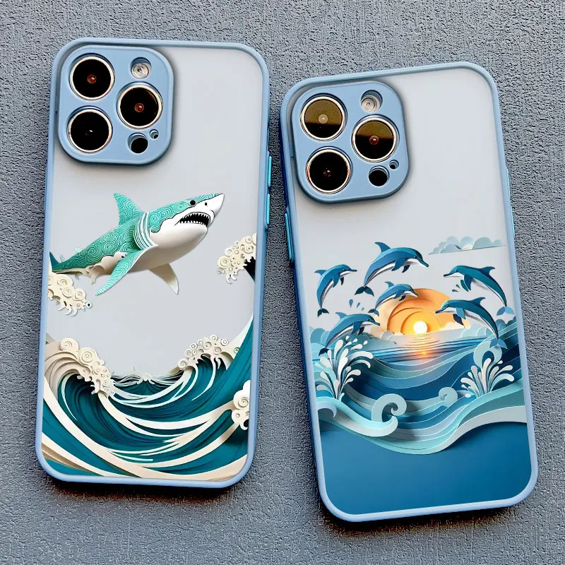 Ocean Adventure Marine Life Phone Case featuring Sharks and Dolphins with Blue Sea Waves Design