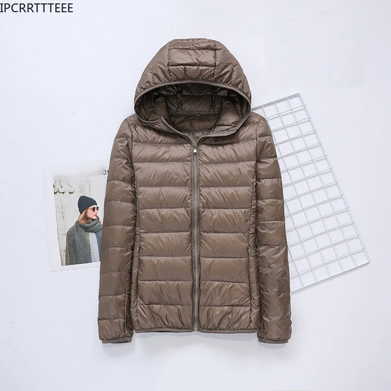 

Autumn Winter Women Solid Thin Stand Collar Hooded Fashion Slim Down Coat White Duck Down Jacket