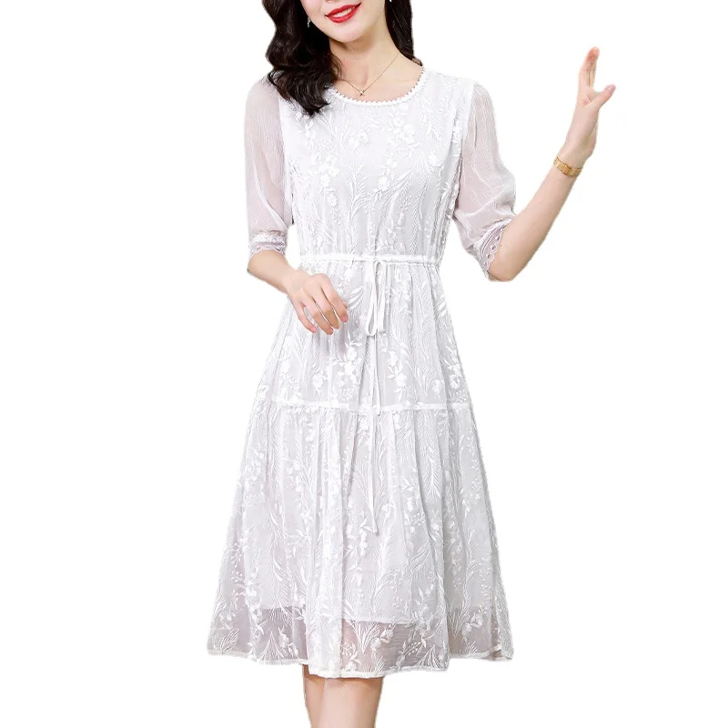 

Women Dress Silk 2022 Summer Sleeve Thin Embroidery Fashion Temperament Young Long Dress Maxi White Dresses for Women